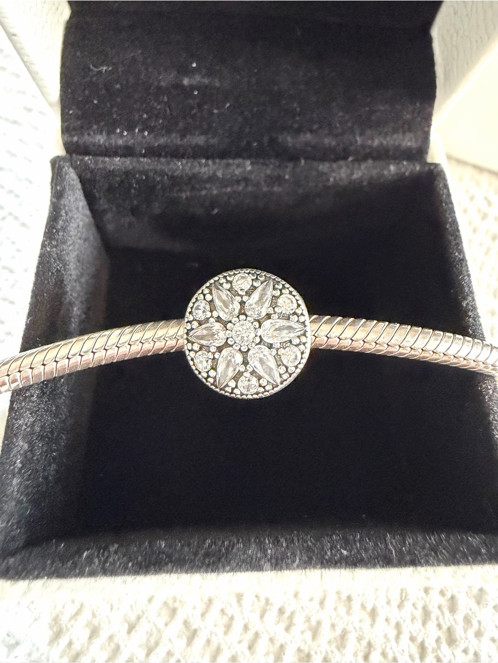 Pandora Retired Radiant Snowflake Button Charm Clear CZ Cut-Out Hearts